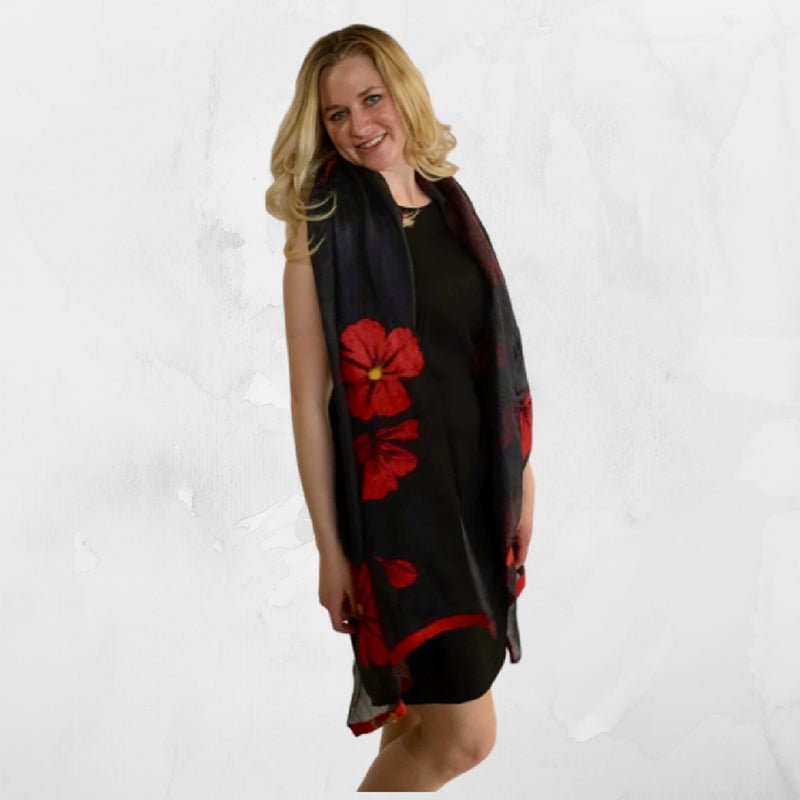 Handmade Kyrgyz felted silk scarf with red poppies on black silk 