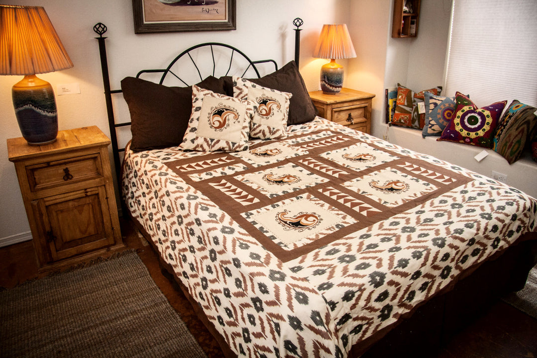 Ikat & Suzani Bedspread Set, Hand Embroidered "Qalanfur" (Pepper) - HoonArts - 1