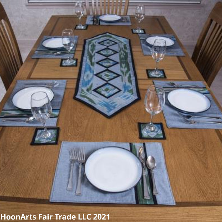 Ikat Hand Quilted Table Runner Set with Placemats Coasters Blue Green Gray Black - HoonArts - 4