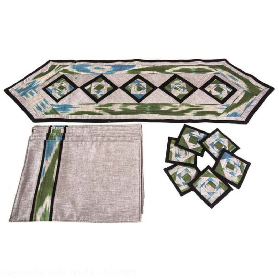 Ikat Hand Quilted Table Runner Set with Placemats Coasters Blue Green Gray Black - HoonArts - 5
