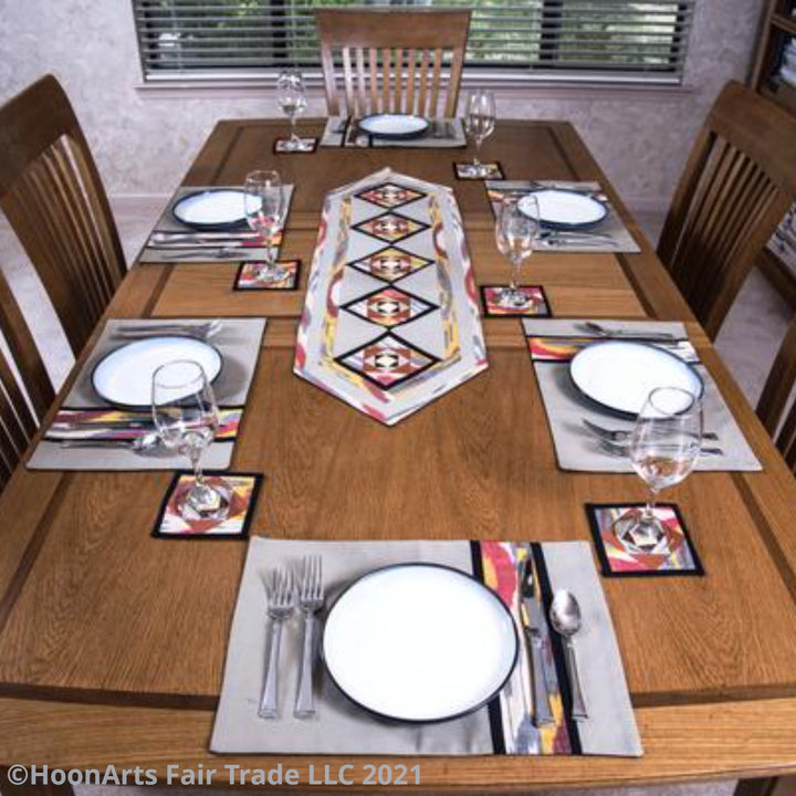 Ikat Hand Quilted Table Runner Set w mats & Coasters Beige Red Gold Black - HoonArts 1