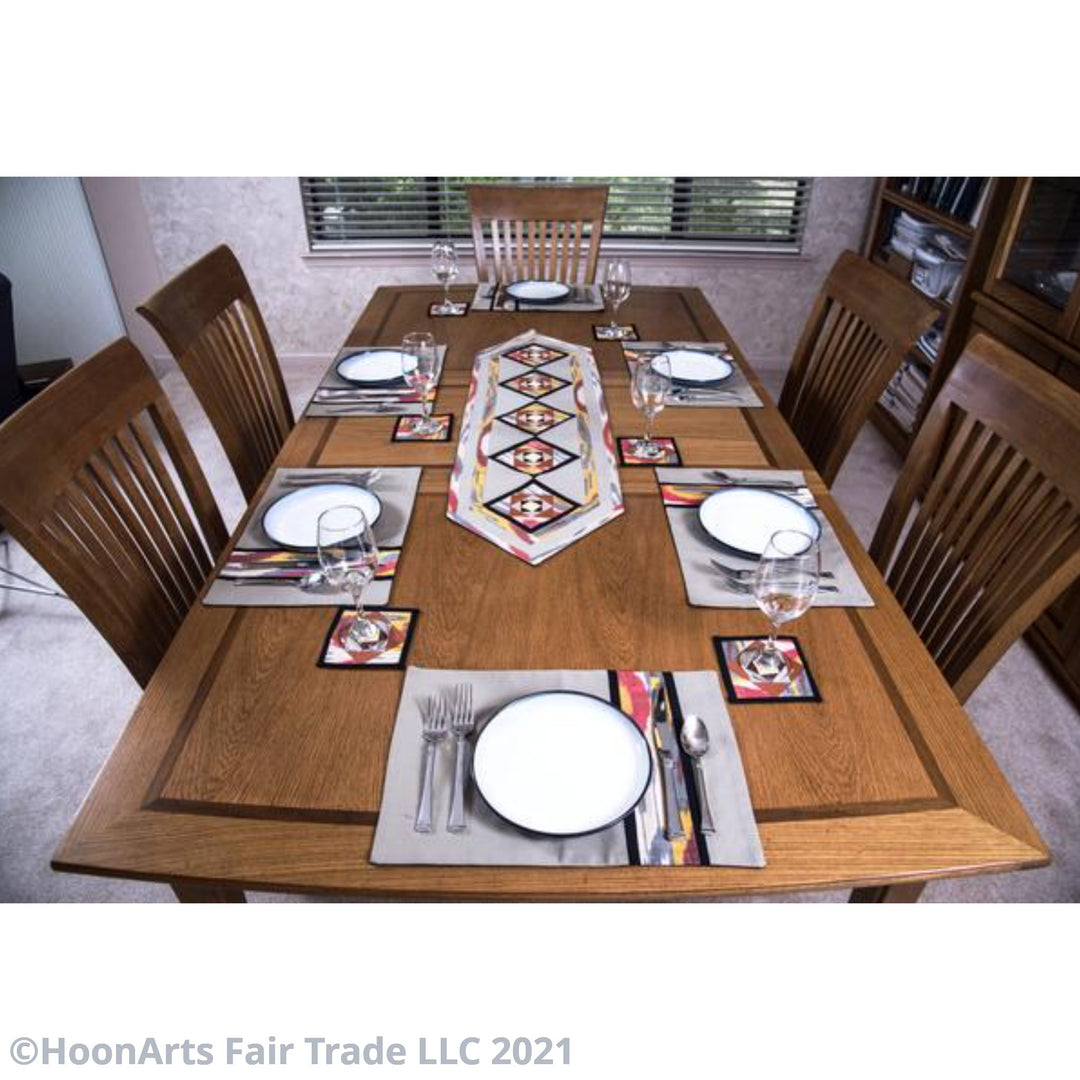 Ikat Hand Quilted Table Runner Set w mats & Coasters Beige Red Gold Black - HoonArts 2