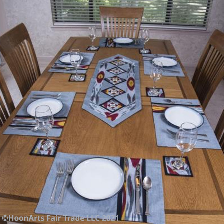 Ikat Hand Quilted Table Runner Set w mats & Coasters Gray, Red, Gold, Black - HoonArts - 5