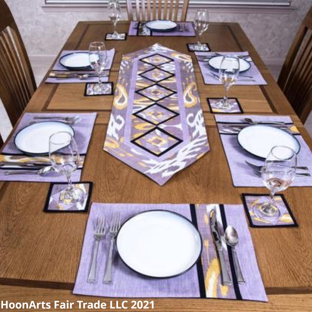 Ikat Hand Quilted Table Runner Set w mats & Coasters Lavender White Gold - HoonArts - 3