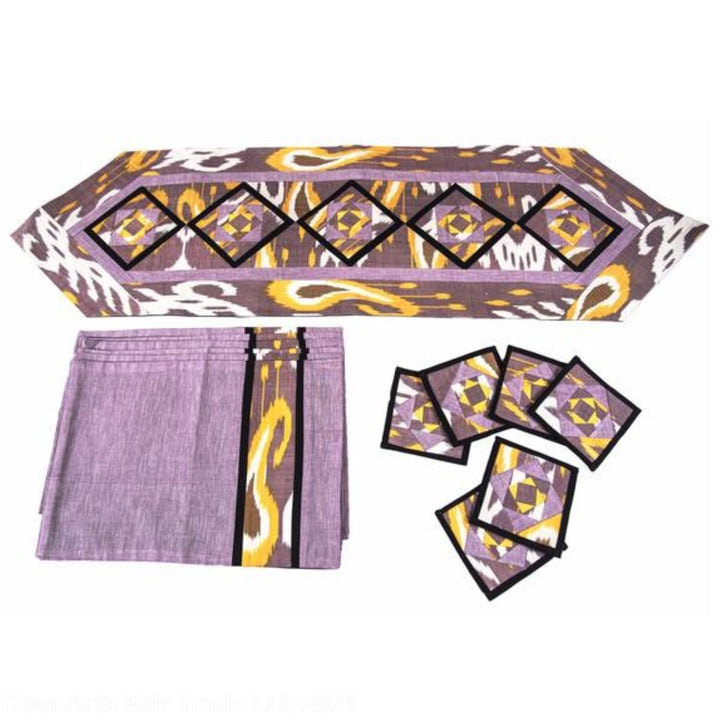 Ikat Hand Quilted Table Runner Set w mats & Coasters Lavender White Gold - HoonArts - 4