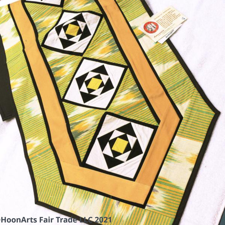 Ikat Hand Quilted Table Runner with Coasters Green Yellow - HoonArts - 4