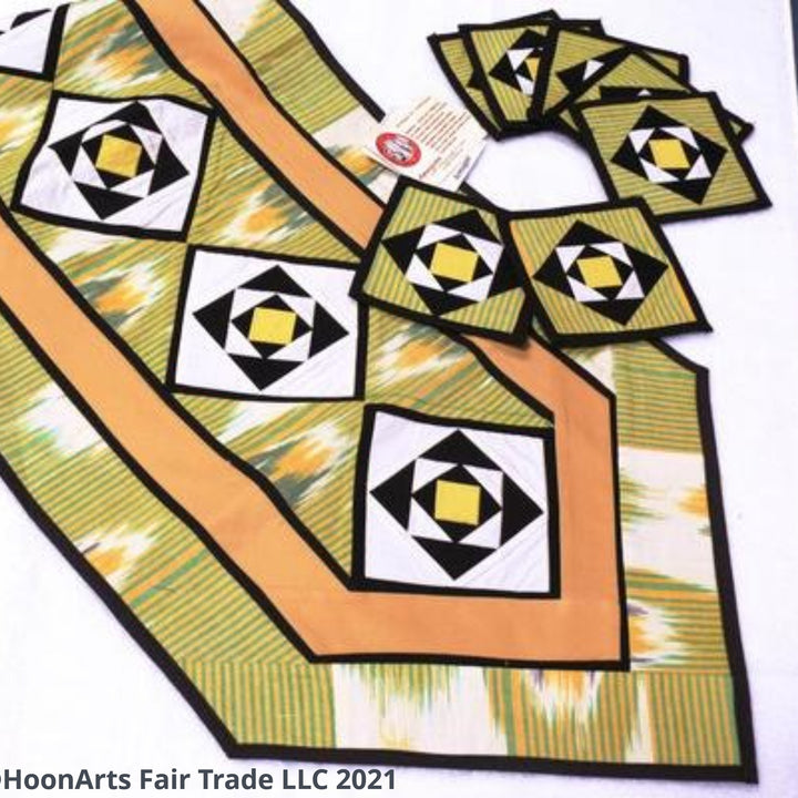 Ikat Hand Quilted Table Runner with Coasters Green Yellow - HoonArts - 3