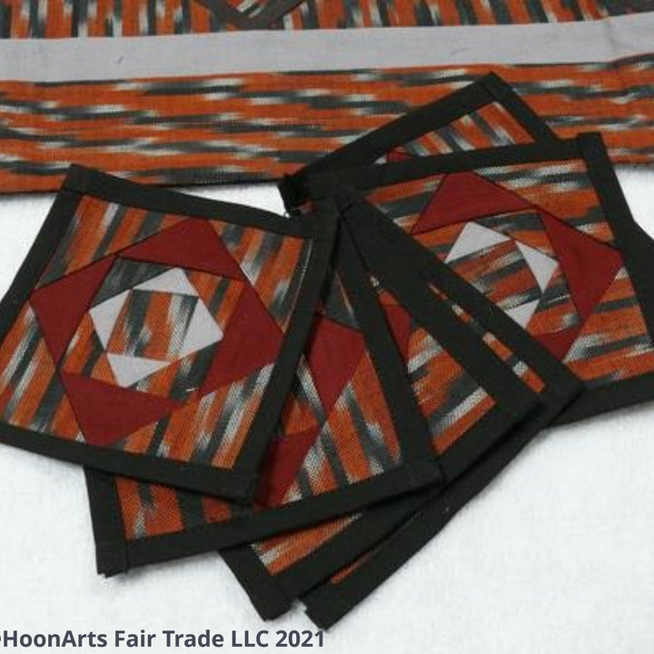 Ikat Hand Quilted Table Runner with Coasters Orange Gray - HoonArts - 4