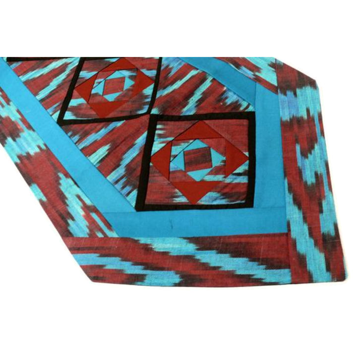 Ikat Hand Quilted Table Runner with Coasters Turquoise Red - HoonArts - 2