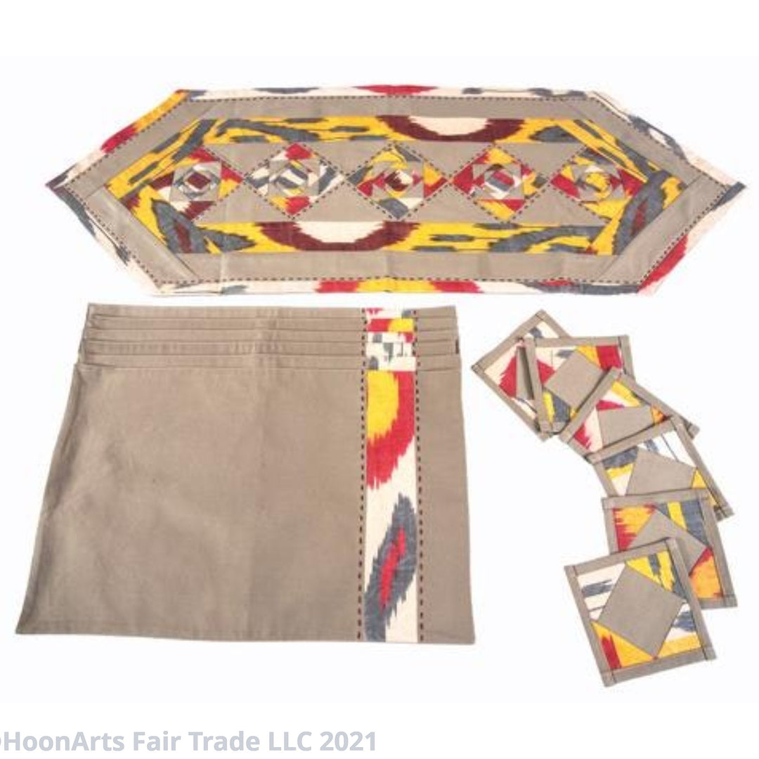 Ikat Handmade Quilted Table Runner Set w Placemats Beige Cream Gold Red - HoonArts - 4