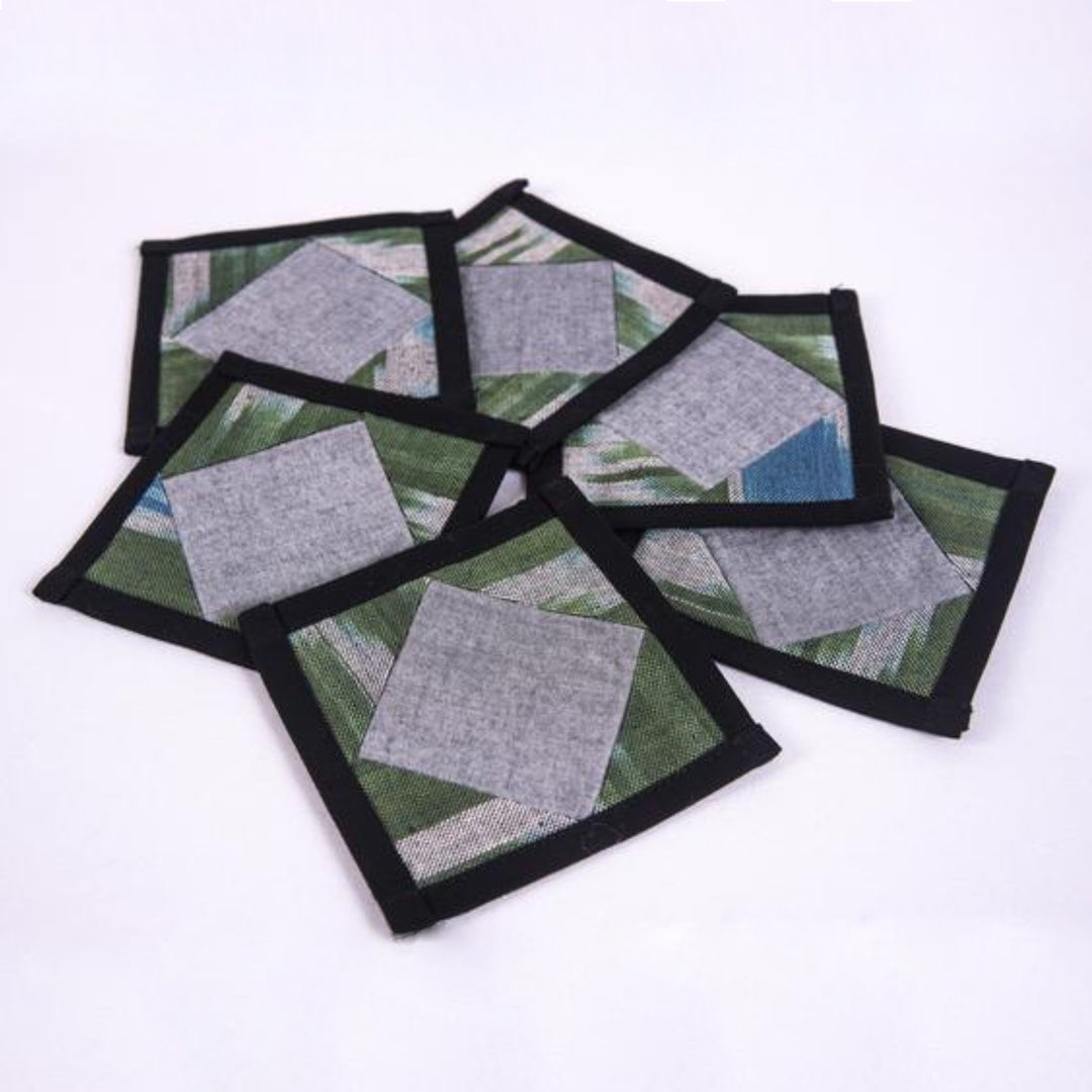 Ikat Patchwork Coasters-Gray & Green, Handmade, Fair trade - HoonArts - 2