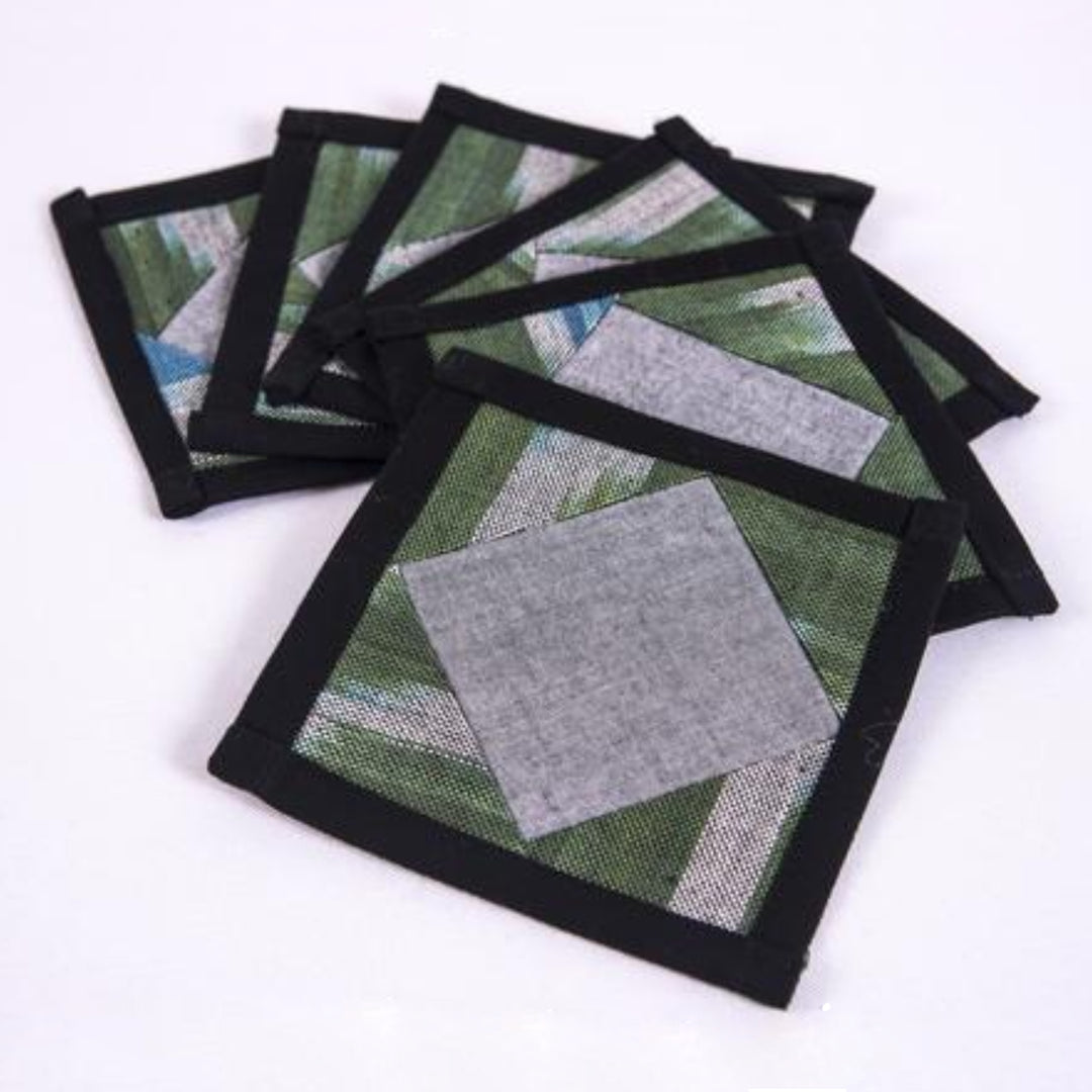 Ikat Patchwork Coasters-Gray & Green, Handmade, Fair trade - HoonArts - 1