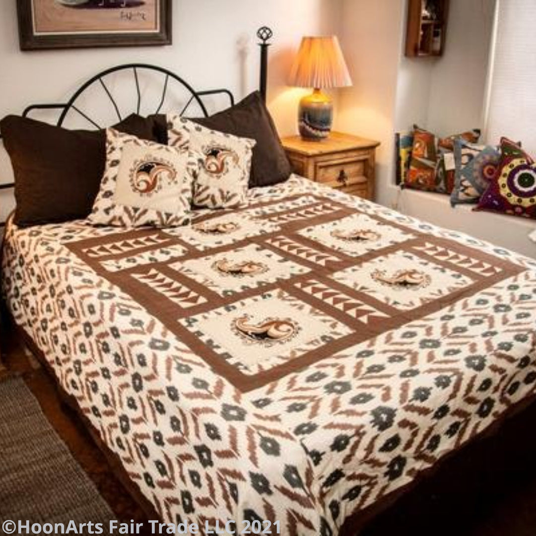 Ikat & Suzani Bedspread Set, Hand Embroidered "Qalanfur" (Pepper) - HoonArts - 6