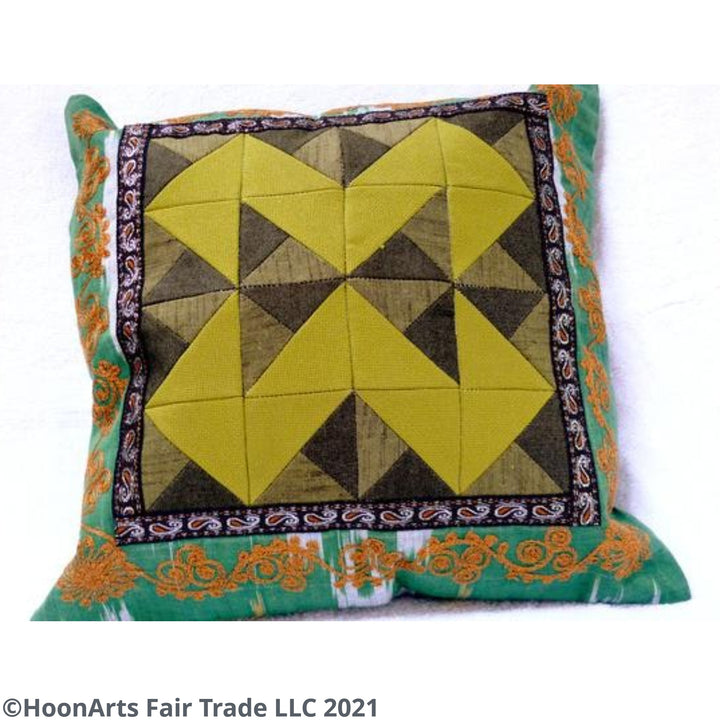 Ikat and Embroidery Pillow Cover, "Kurok" (Patchwork), - HoonArts - 4