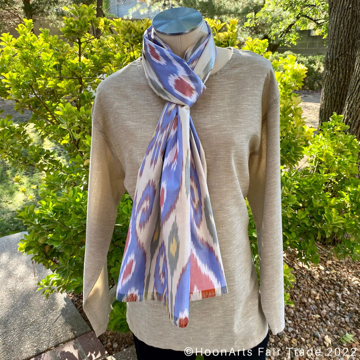 Silk Pastel Yellow Blue & Red Handwoven Ikat Scarf Knot on mannequin