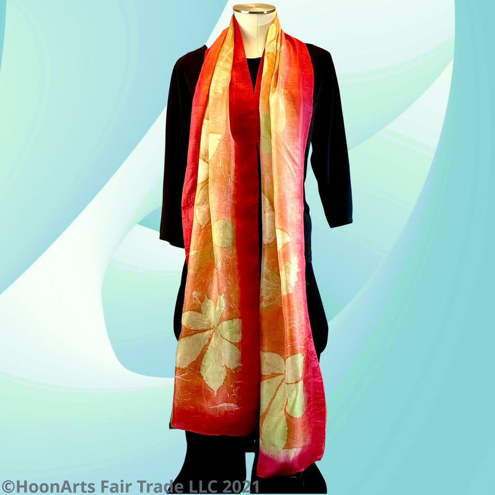 Eco-Printed Silk Scarf - Red | HoonArts 1