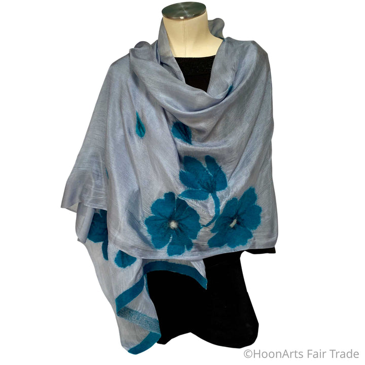 Kyrgyz Felted Silk Scarf-Teal Poppies on Light Grey