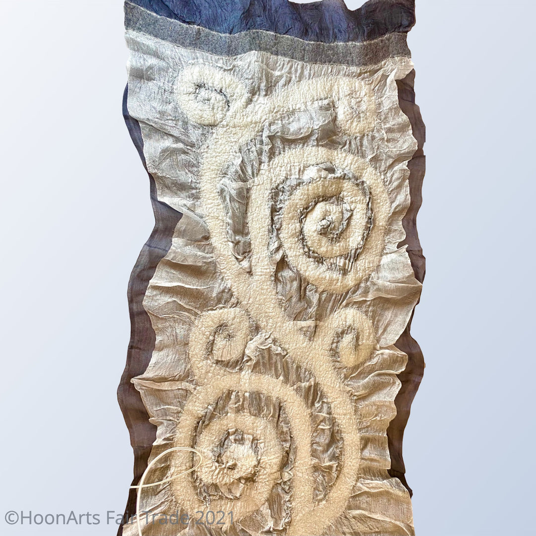 Kyrgyz Hand Felted Silk Scarf-Double Sided Black & White Spiral