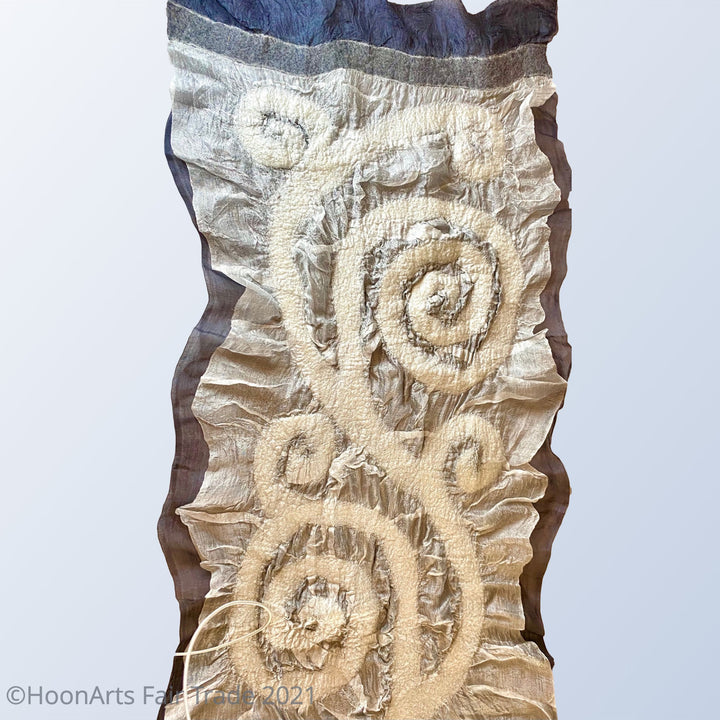 Kyrgyz Hand Felted Silk Scarf-Double Sided Black & White Spiral