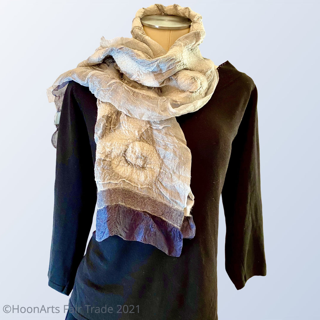 Kyrgyz Hand Felted Silk Scarf-Double Sided Black & White Spiral