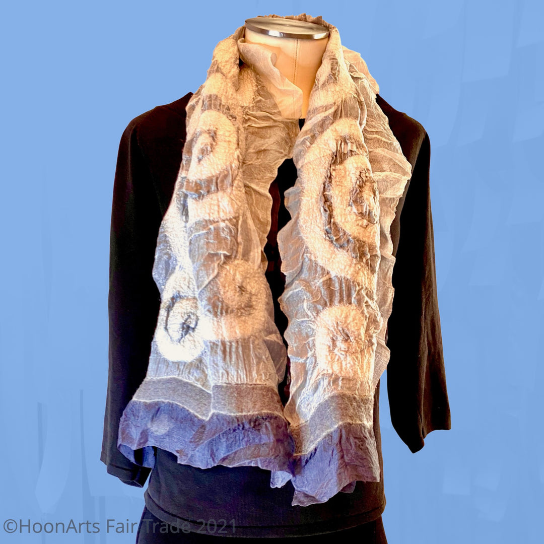 Kyrgyz Hand Felted Silk Scarf-Double Sided Black & White Spiral