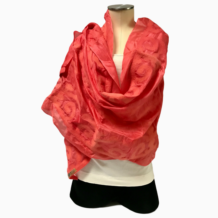 Handmade Coral Felted Silk Scarf with Tribal Patterns from Kyrgyzstan