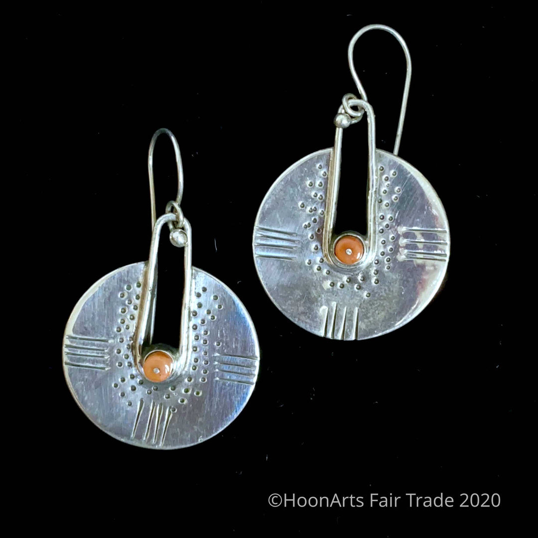 Kyrgyz Handmade Silver Earrings-Round with Coral-"Dilara"