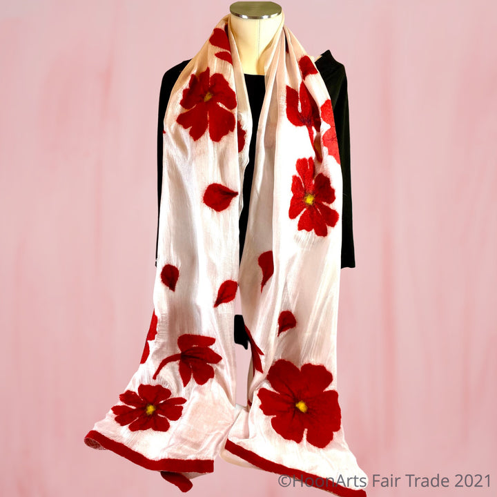 Kyrgyz Silk and Felted Scarf, Alumni Red Poppies on White Silk