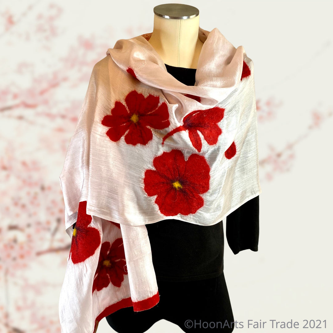 Kyrgyz Silk and Felted Scarf, Alumni Red Poppies on White Silk