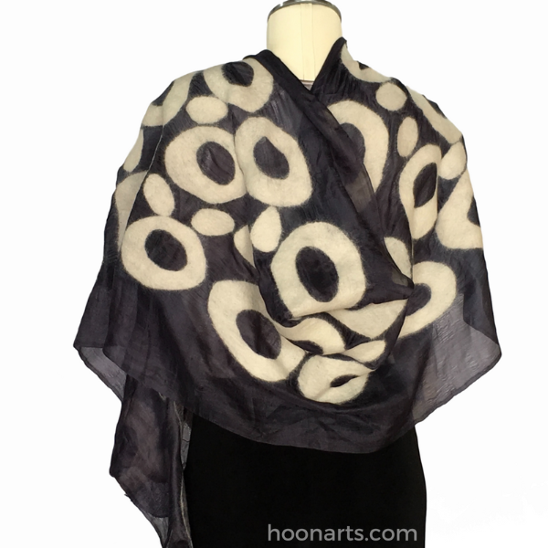 Kyrgyz Hand-felted Silk Scarf/Shawl, Black & White Circles