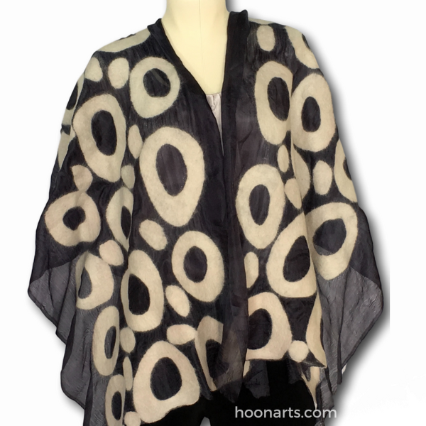 Kyrgyz Felted Silk Shawl-Black & White Circles