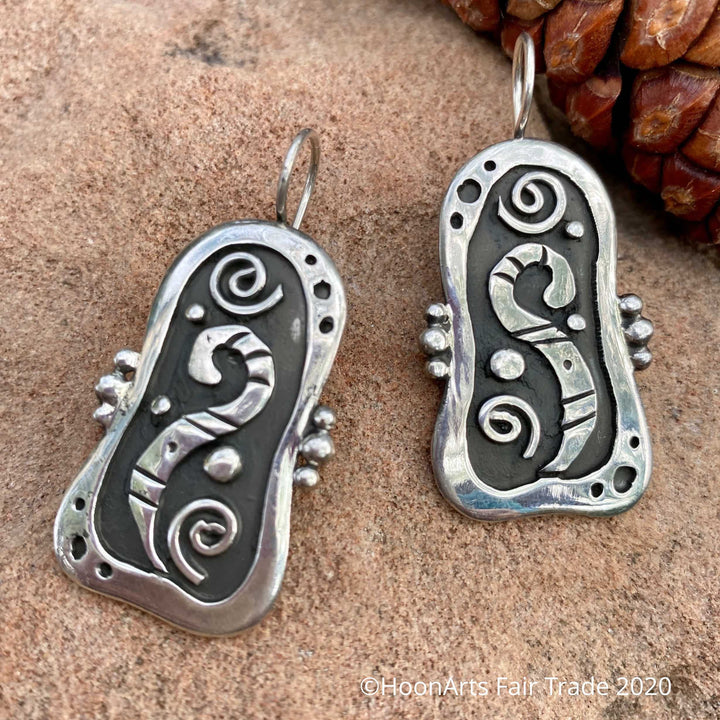 Large Silver Earrings from Kyrgyzstan-Rectangular Swirls-"Farzana"