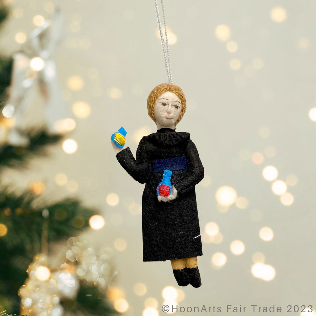 Marie Curie Hand Felted Ornament in Christmas Background 1