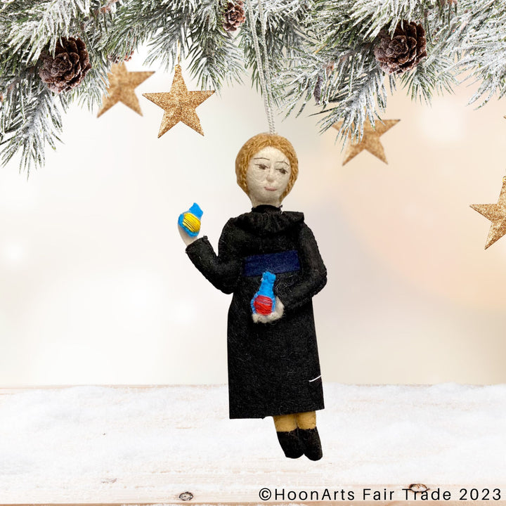 Marie Curie Hand Felted Ornament in Christmas Background 2