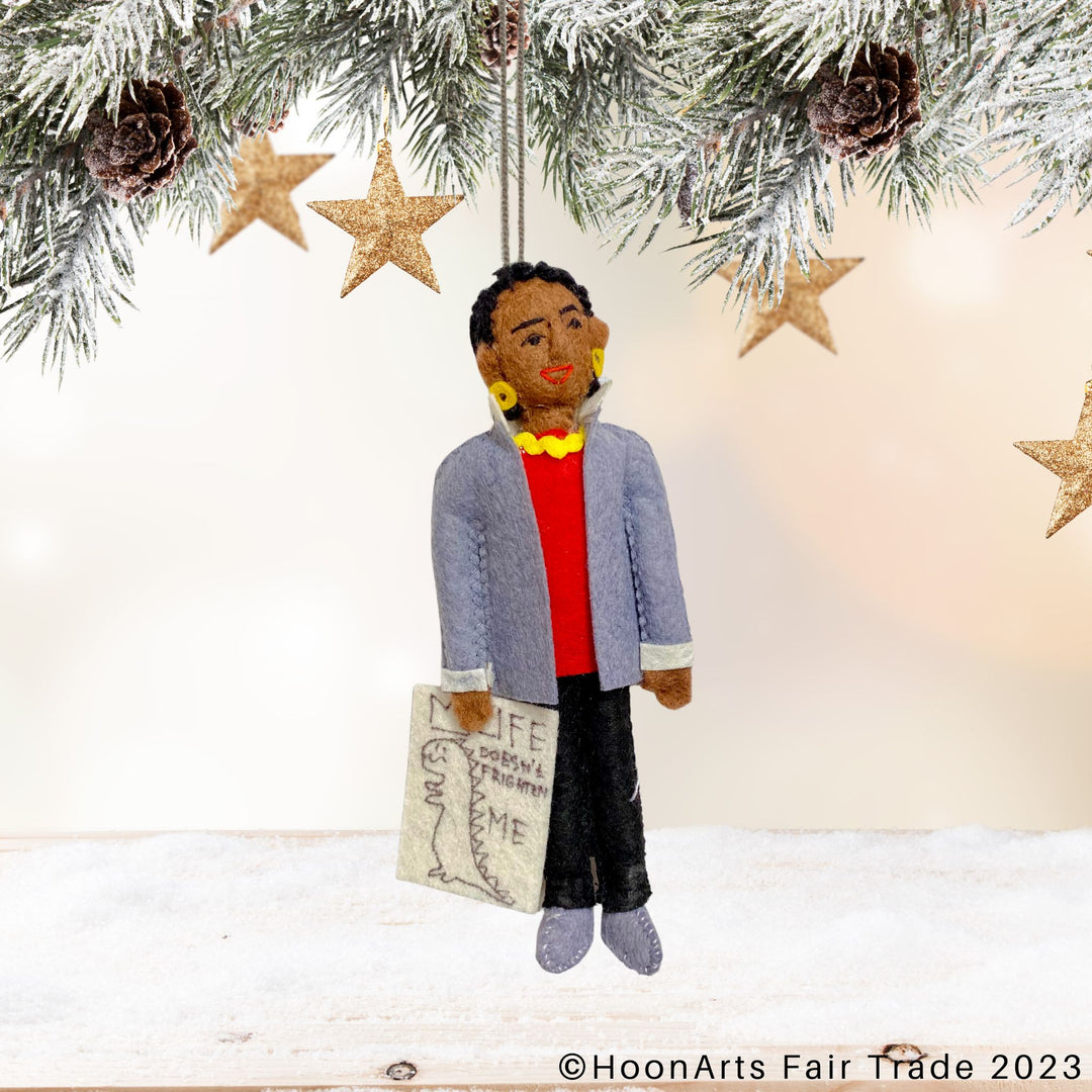 Maya Angelou Hand Felted Ornament in Christmas Background 2