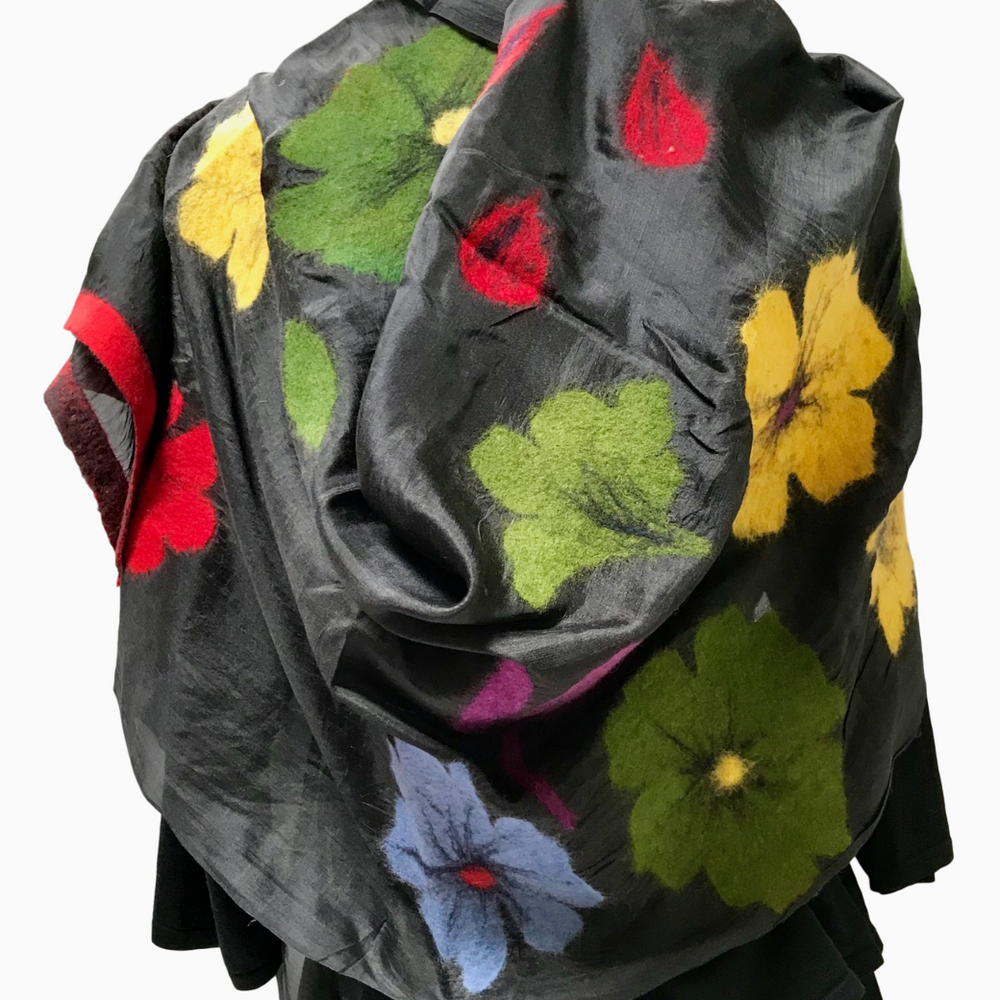 Red, Green, Yellow, Blue & Purple Felted Flowers on Black Silk Scarf-Kyrgyz