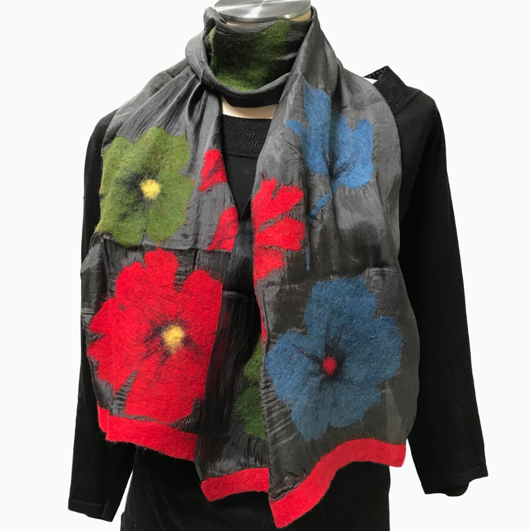 Kyrgyz Short Multi-Colored Hand Felted Poppies on Black Silk Scarf