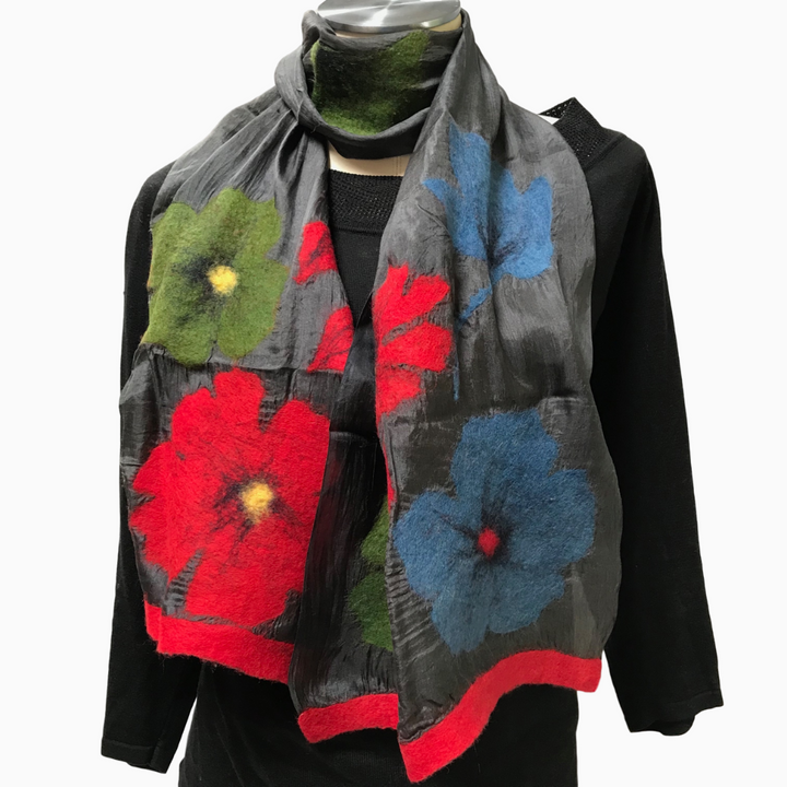 Kyrgyz Short Multi-Colored Hand Felted Poppies on Black Silk Scarf