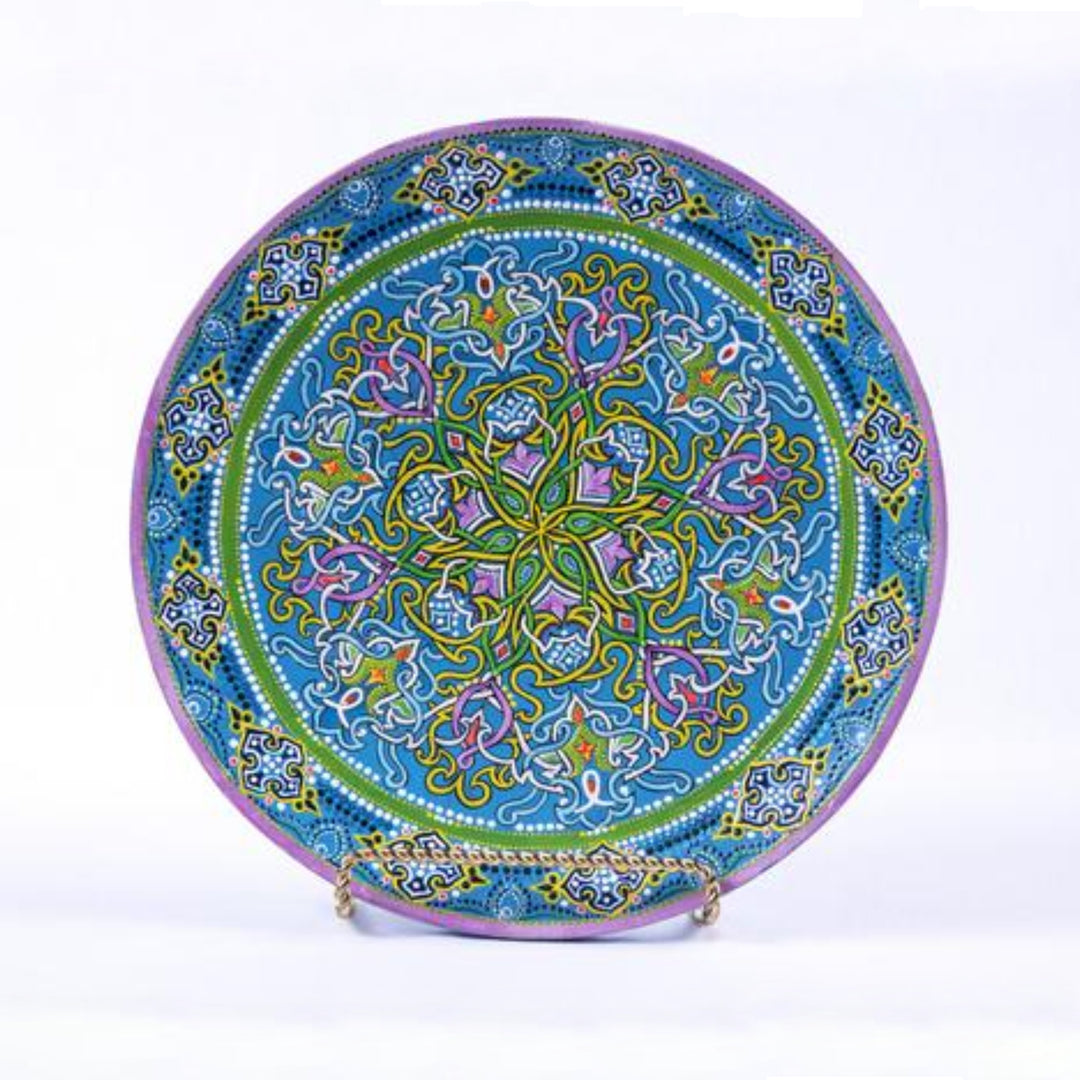 Ornate Painting on Wooden Plate Fair Trade Blue - HoonArts - 1