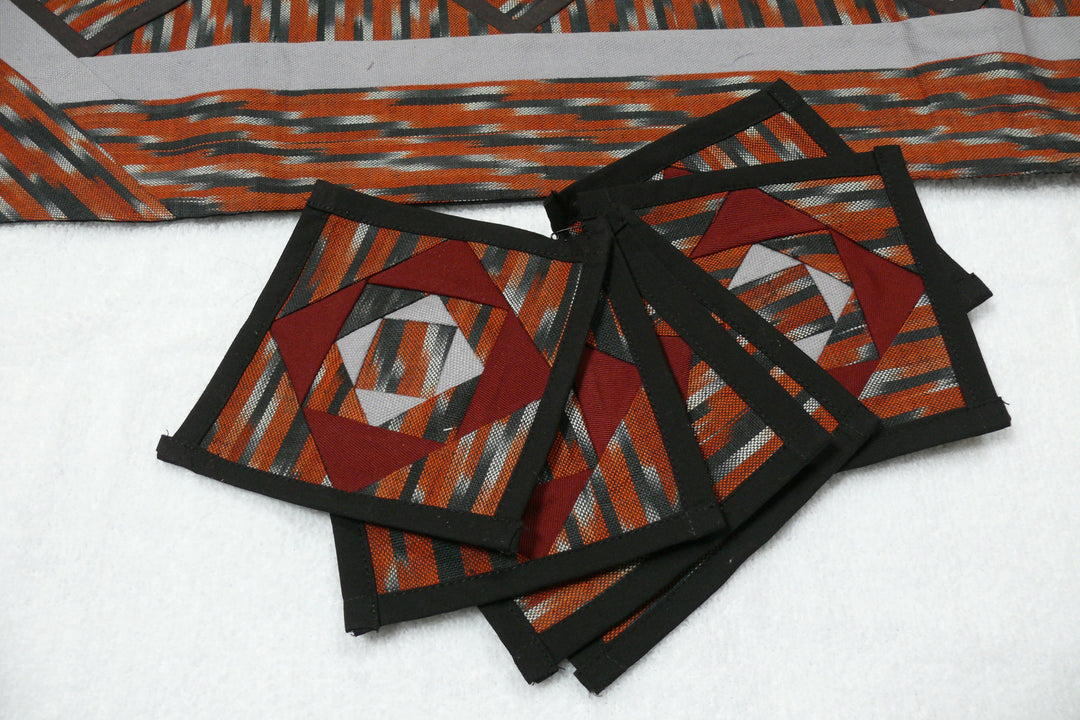 Ikat Hand Quilted Table Runner with Coasters Orange  Gray - HoonArts - 2