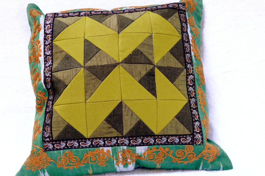 Ikat and Embroidery Pillow Cover, "Kurok" (Patchwork), - HoonArts - 1