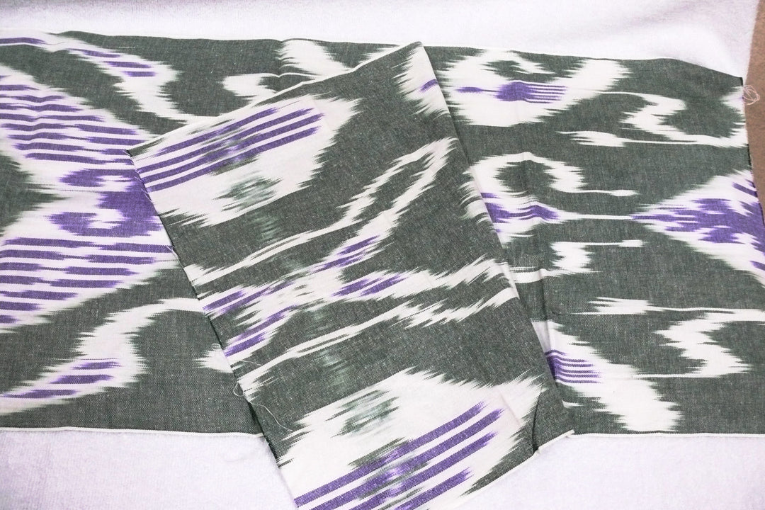 Hand-dyed, Handwoven,Ikat Fabric, Cotton White, Green and Purple - HoonArts - 2