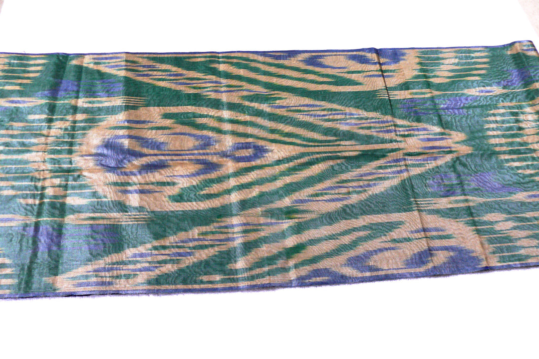 Ikat Fabric, Hand dyed, Hand Woven Gold, Blue and Green - HoonArts - 1