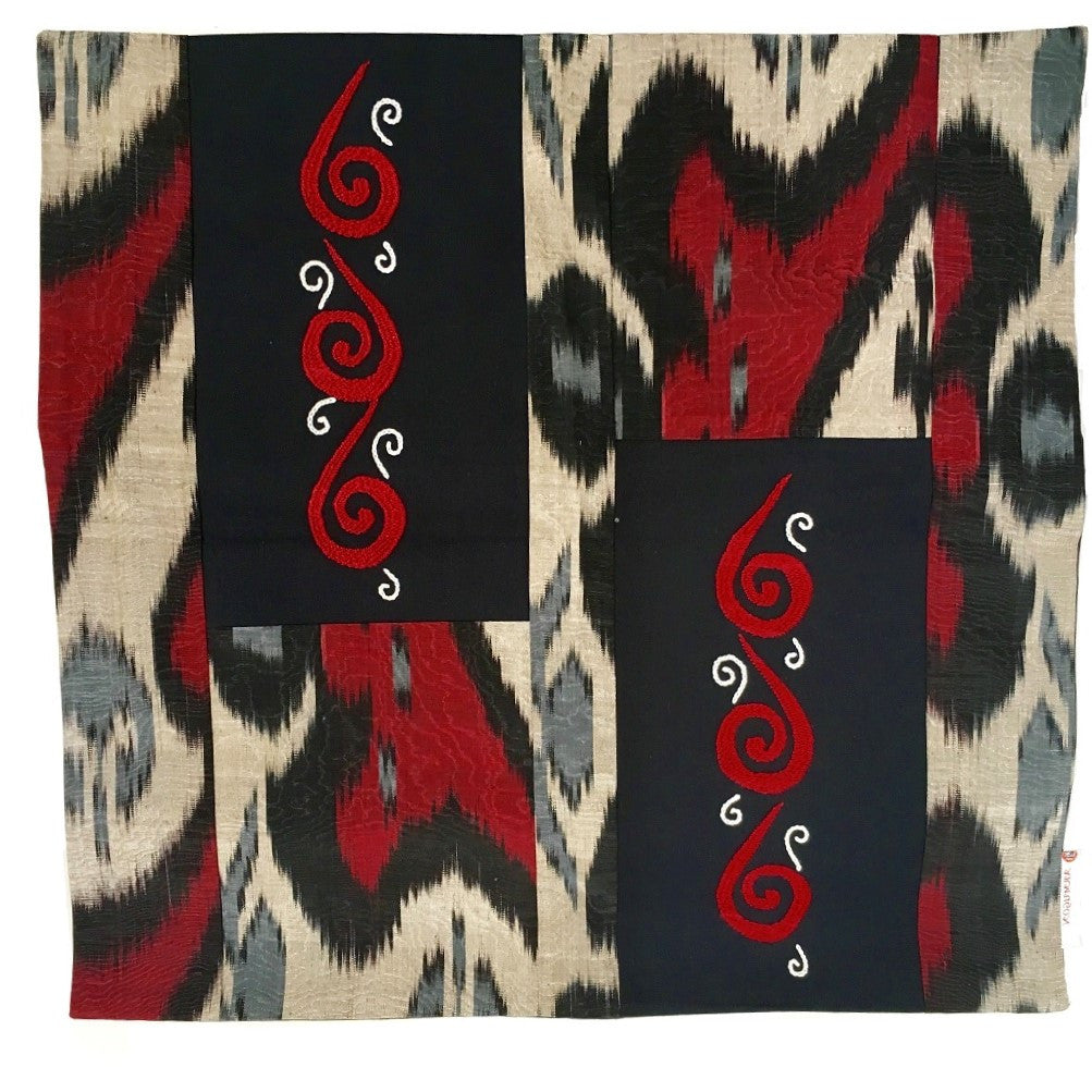 Ikat & Suzani Pillow Cover, Black, White, Red & Grey - HoonArts
