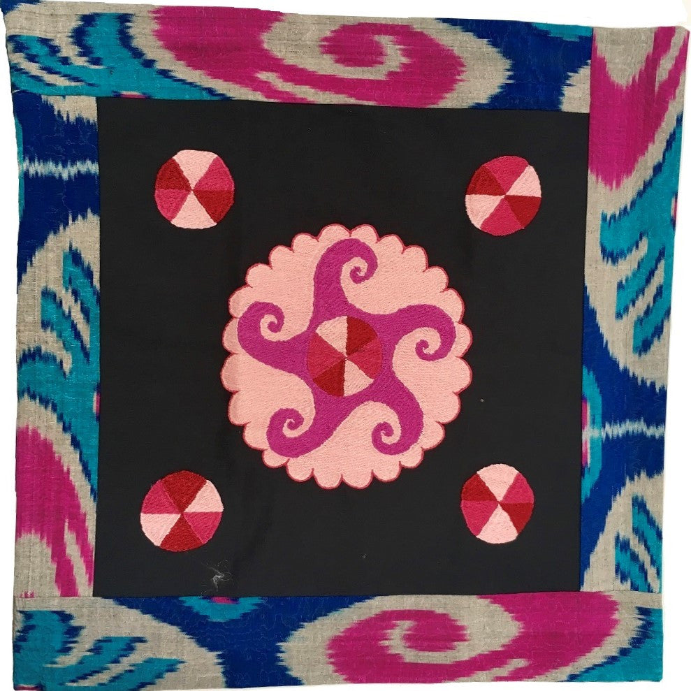Ikat & Suzani Pillow Cover, Pink, Blue & Grey - HoonArts
