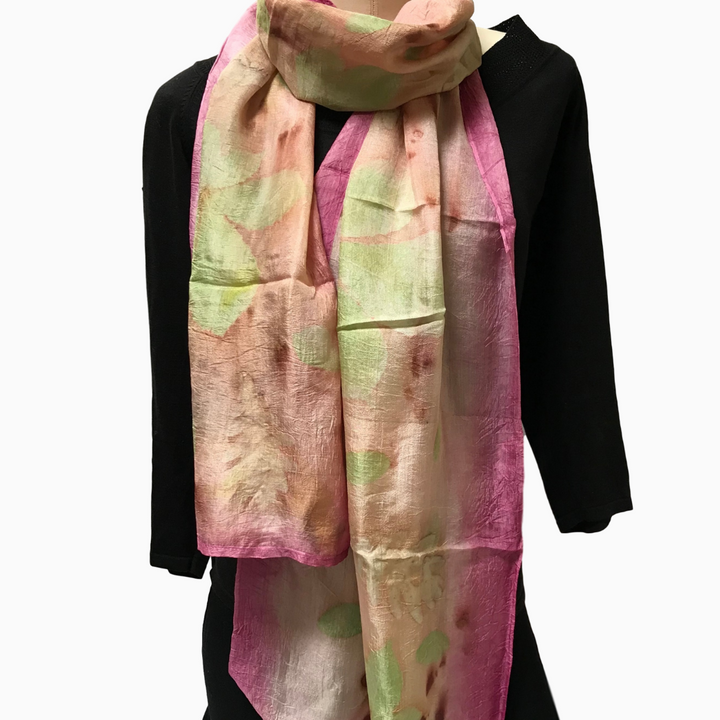 Kyrgyz Eco-Printed Silk Scarf, Pink Accents