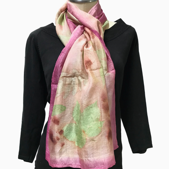 Kyrgyz Eco-Printed Silk Scarf, Pink Accents