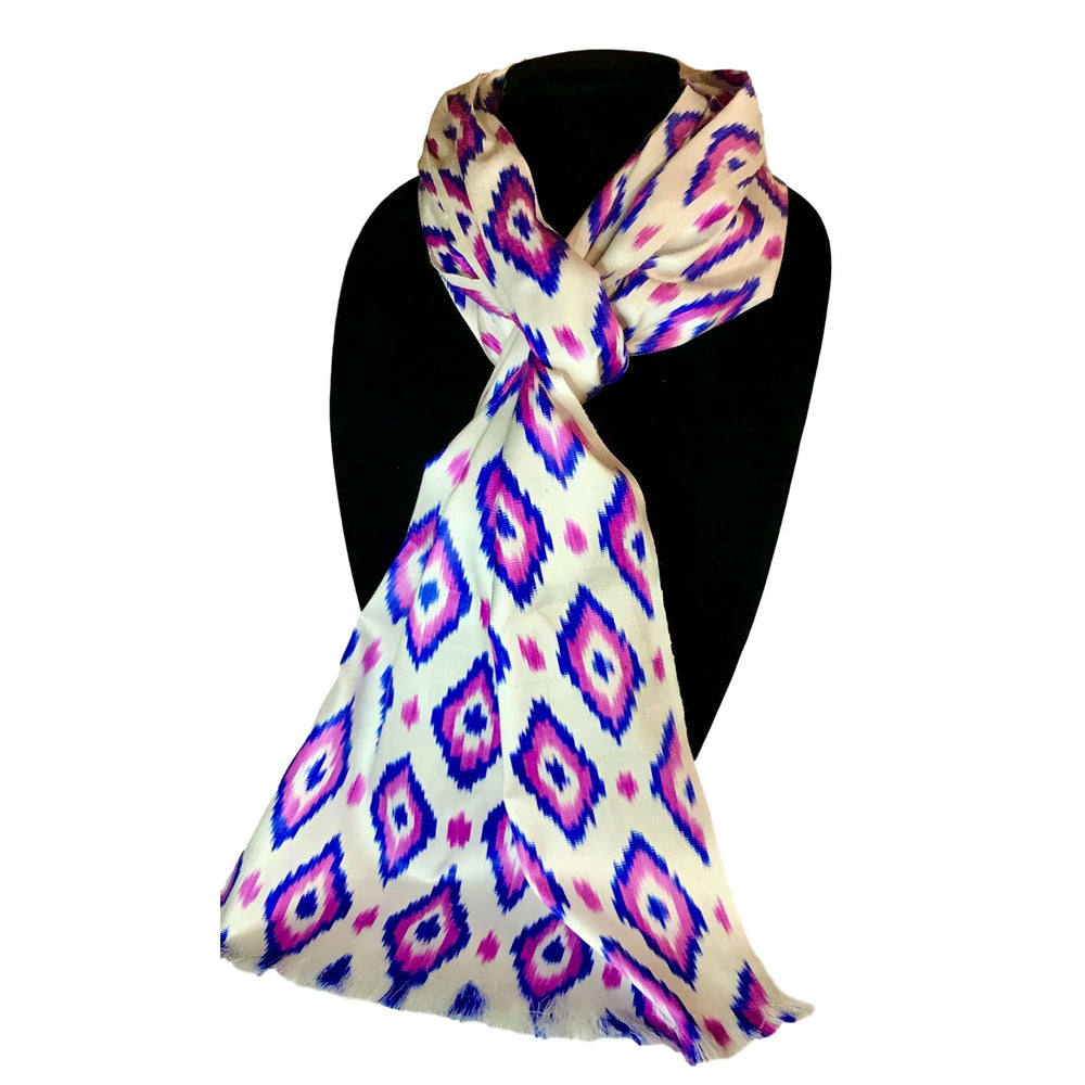 Handwoven Ikat Silk Scarf-Purple & Blue Diamonds | HoonArts