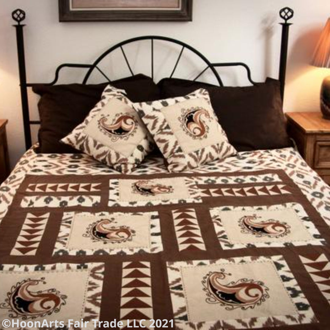 Ikat & Suzani Bedspread Set, Hand Embroidered "Qalanfur" (Pepper) - HoonArts - 7