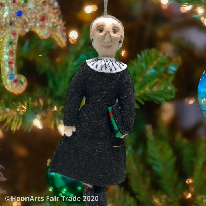 RBG Handmade Felted Ornament, Dressed in Black Judicial Robes with White Collar and Law Book in Her Hands, Handing on a Christmas Tree